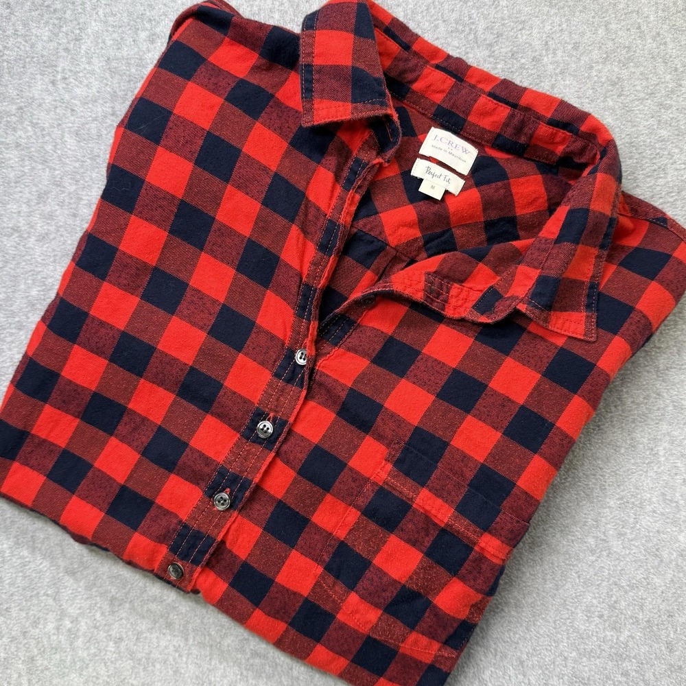 J Crew Womens M Red‎ Black Buffalo Plaid Flannel Collared 1/2 Button Shirt Top